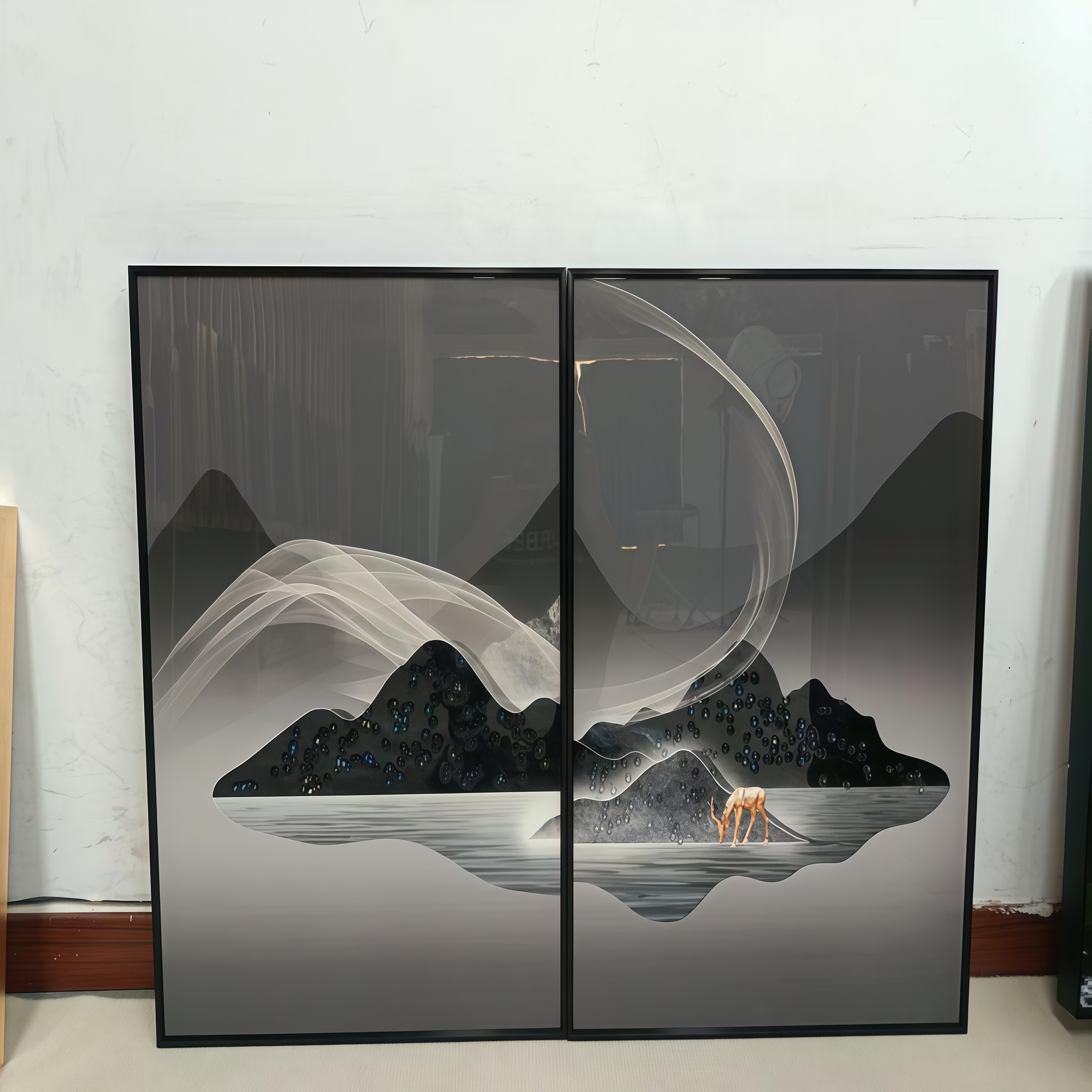 晶瓷镶钻简约大气轻奢客厅两联晶瓷画百搭沙发背景墙壁画山5070