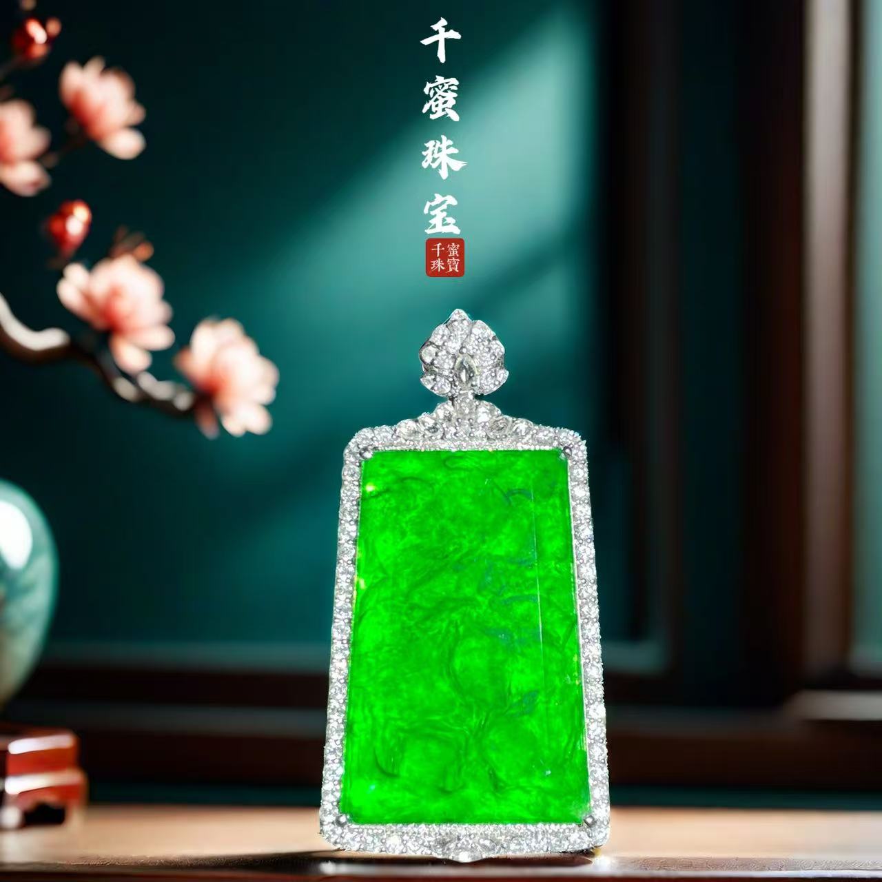 18K天然缅甸A货翡翠烟花梯方无事牌吊坠