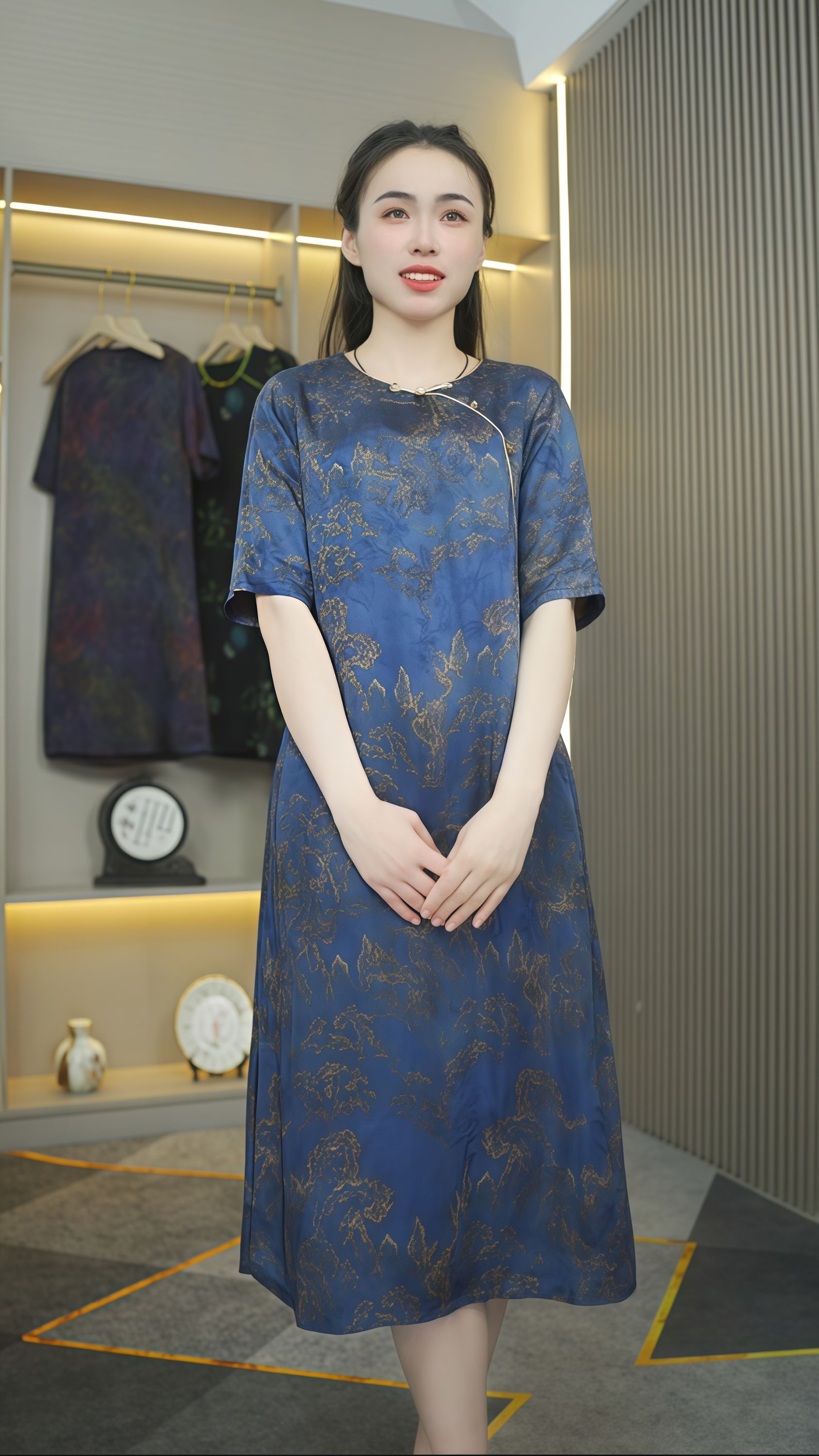 立领时尚连衣裙提花裙子中国风大码气质夏季复古重磅宽松中长款