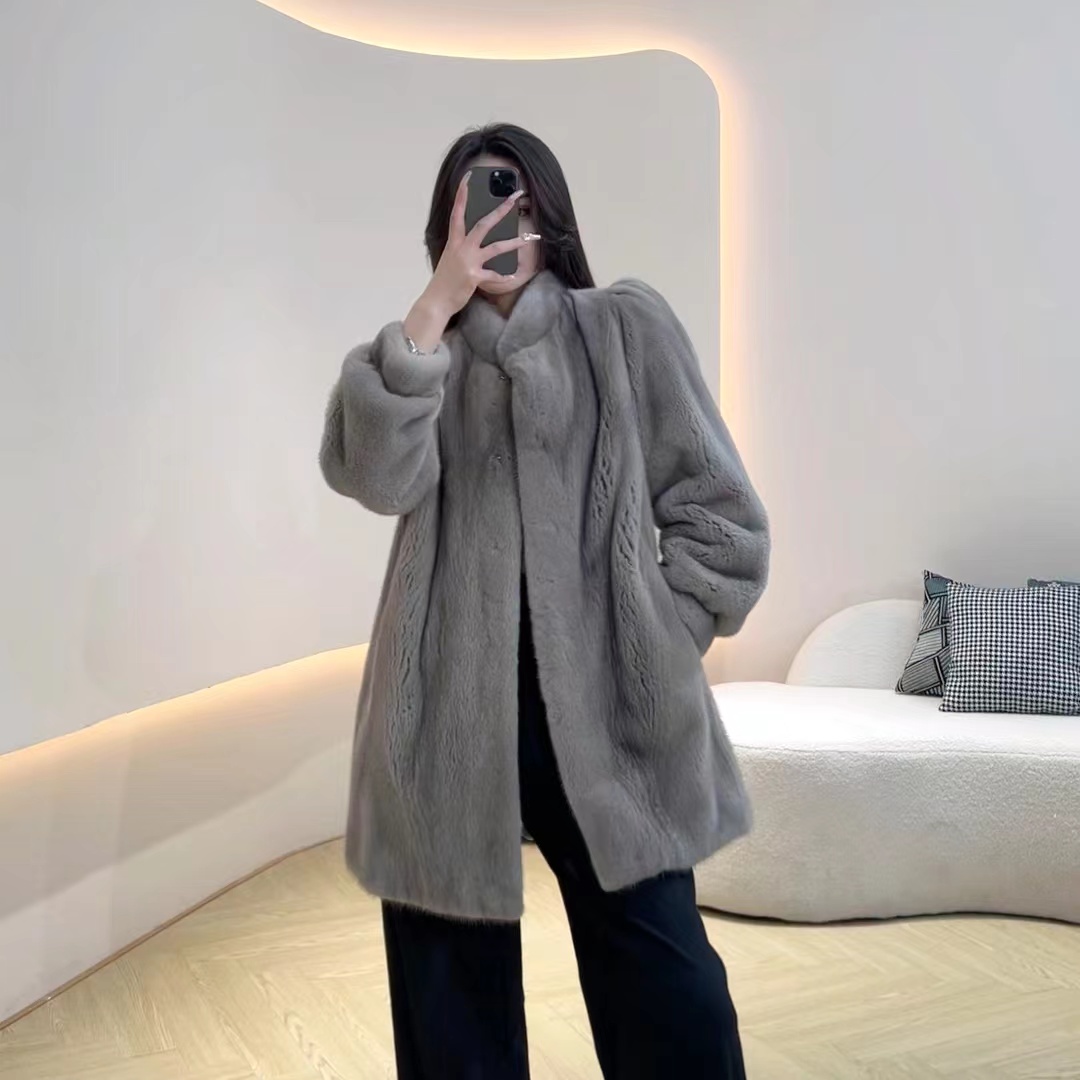 【豆萌 】24010水貂皮草外套女 海宁中长款水貂休闲高级