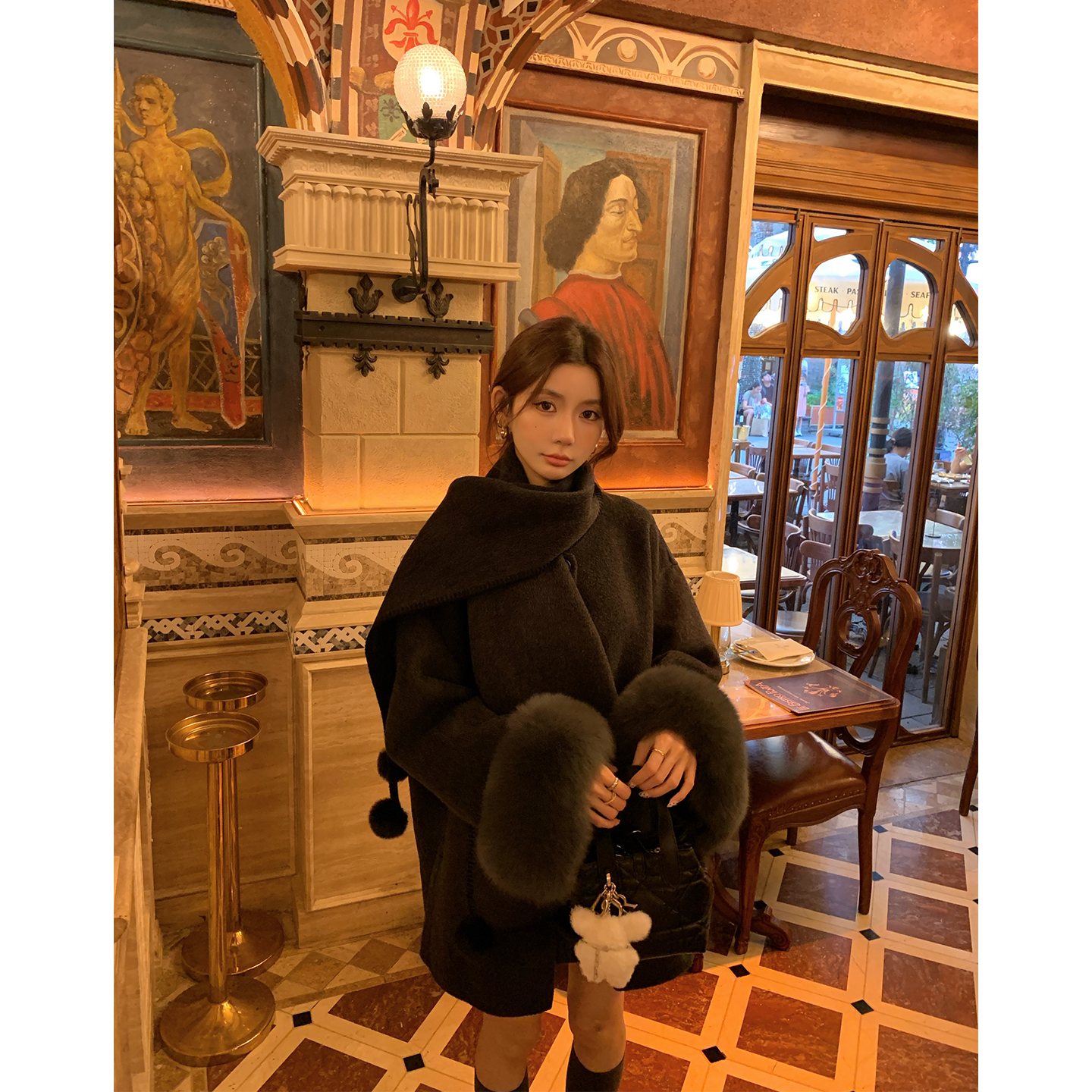 UPFURS围巾可拆卸羊毛双面呢大衣女中长新款毛呢外套可爱风25323