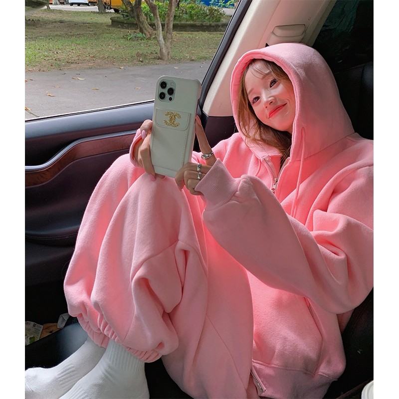 【林初美】粉色卫衣套装女秋冬宽松加绒加厚卫裤休闲运动服俩件套