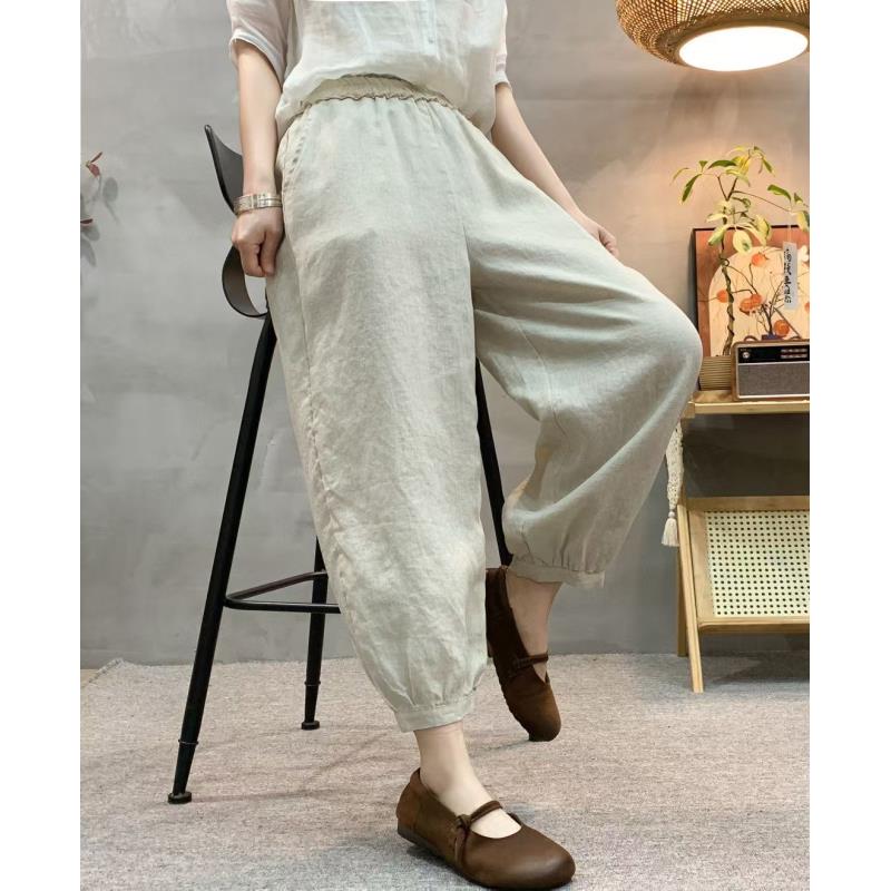 【纯亚麻花边花苞裤】宽松显瘦棉麻亚麻裤女松紧腰休闲夏季哈伦裤