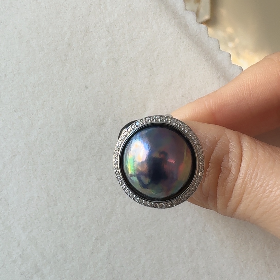 ****荷戒圈拼合珍珠（马贝珠）银S925镶嵌马贝戒指