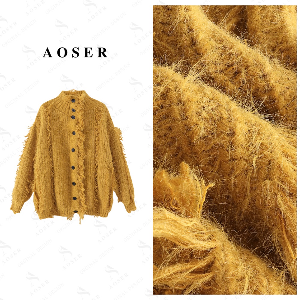 AOSER时尚设计保暖开衫款流苏女休闲慵懒风毛衣外套百搭高领2549