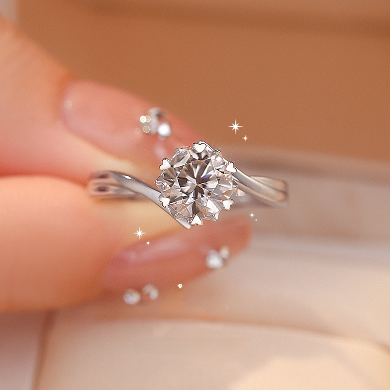 925银莫桑石戒指 【扭臂雪花】闭口镶嵌经典女婚戒轻奢商场品牌同款