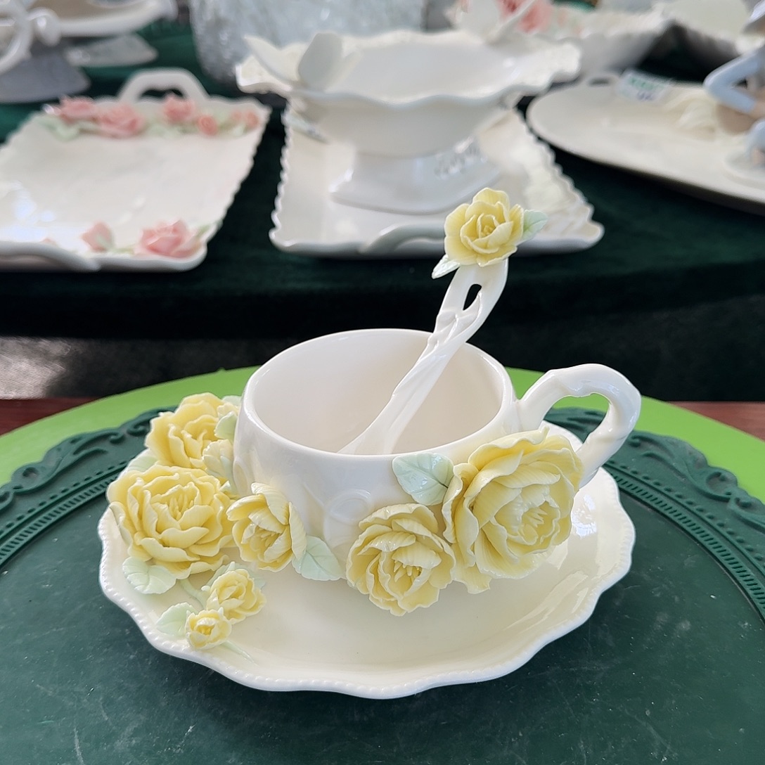 牡丹花咖啡杯碟加勺子