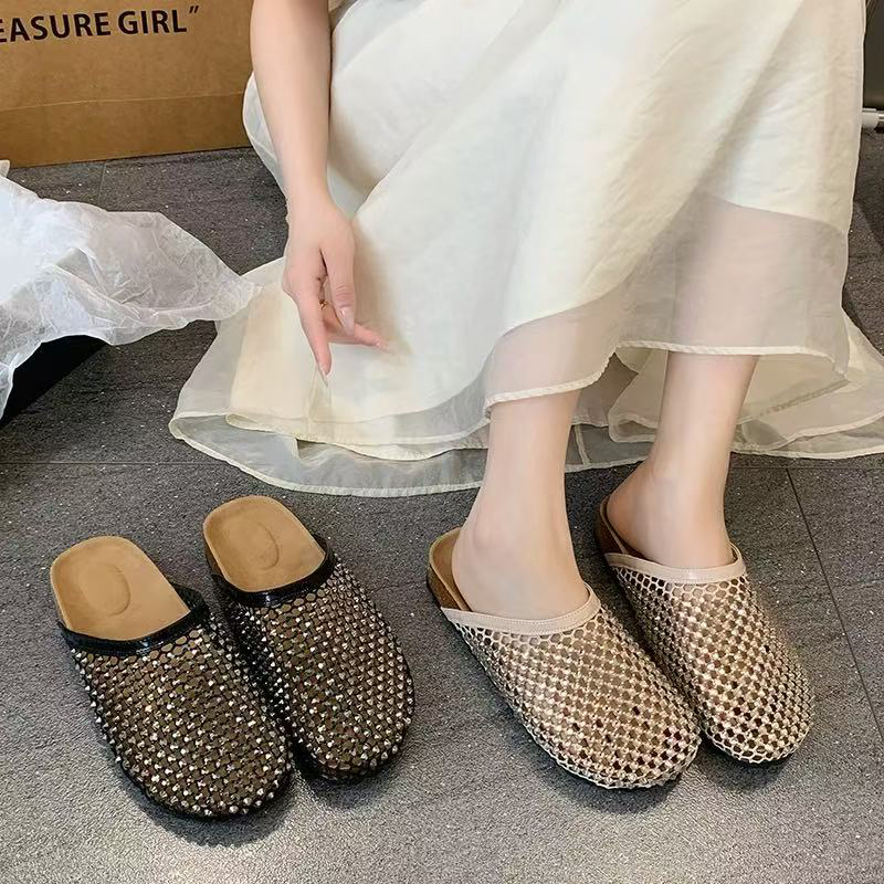 25年法式水钻网面高级感透气包头拖鞋