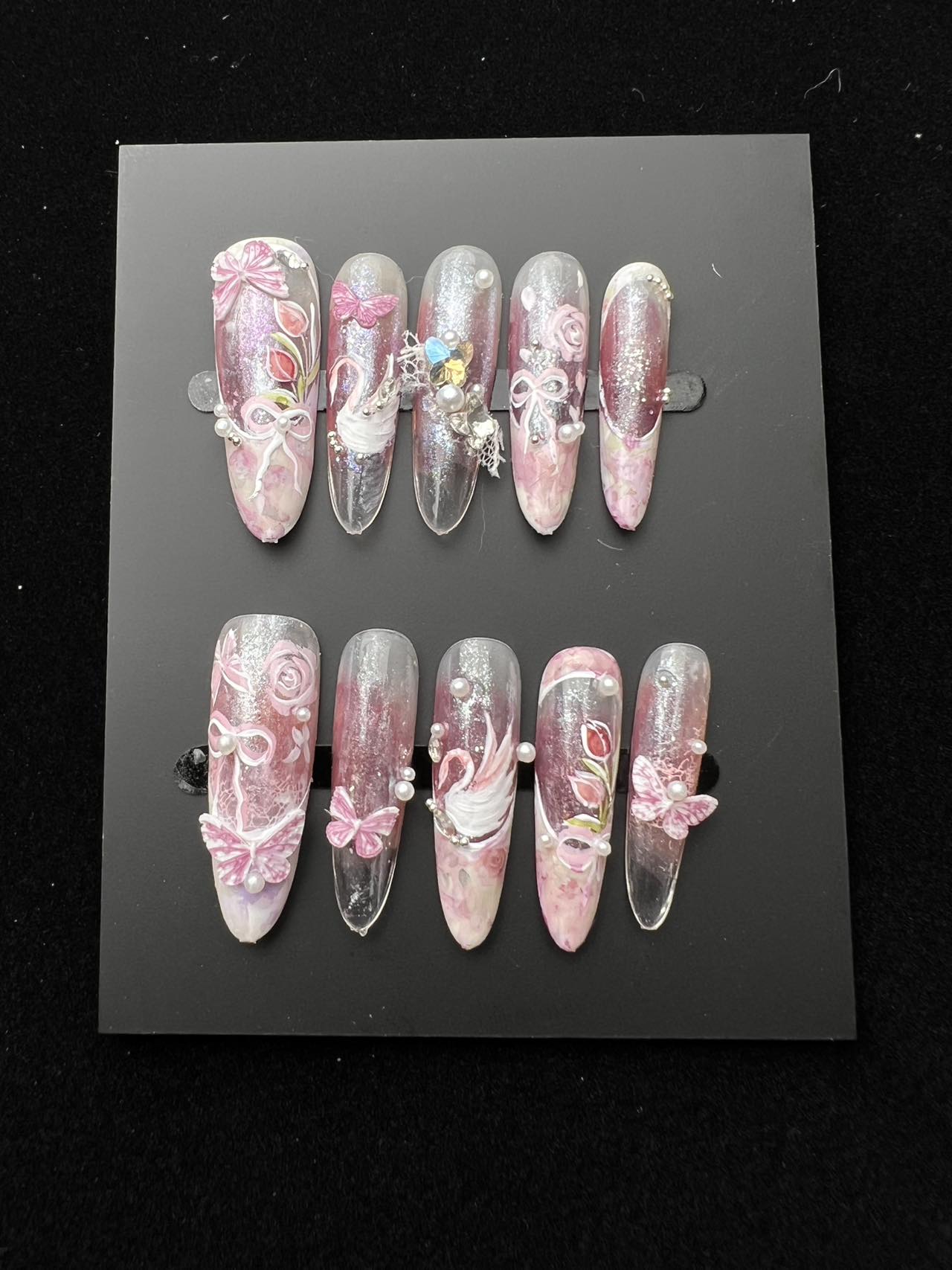 【粉晶天鹅】粉紫渐变天鹅蝴蝶珍珠仙系甲