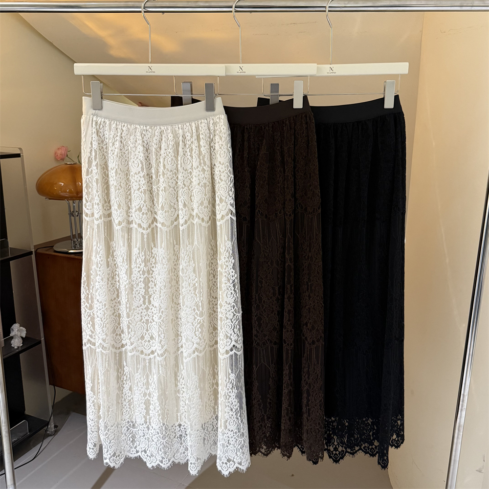 NN CHIC.3393 松紧腰蕾丝纯色半身长裙