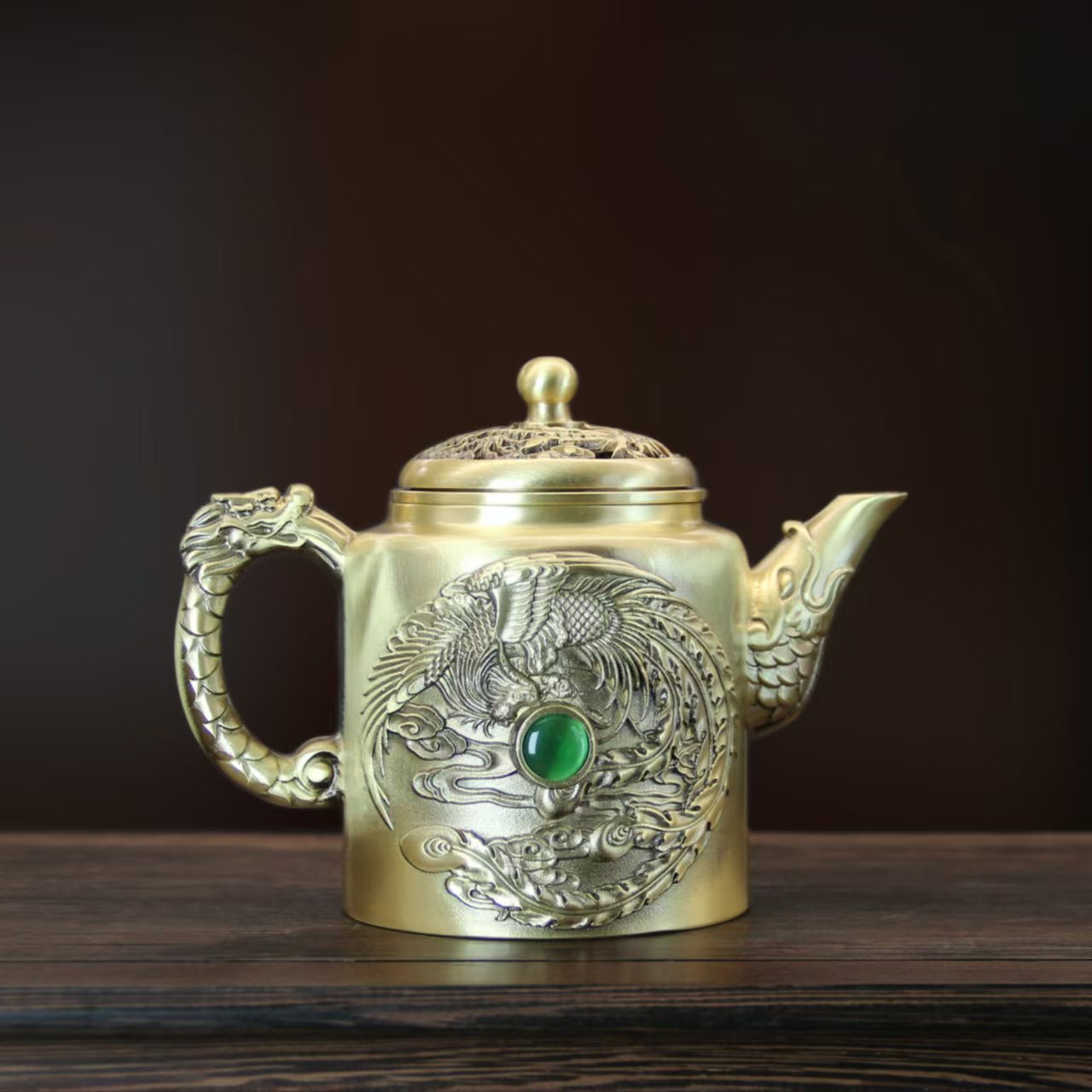壹心铜 《高龙凤宝石茶壶》黄铜打造 茶壶 酒壶