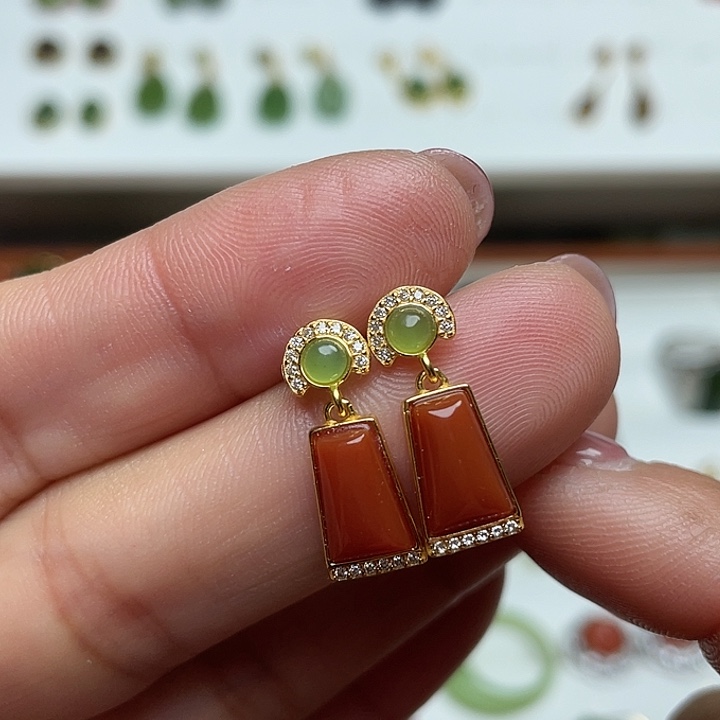 南红玛瑙银S925镶嵌耳饰颜色多样性发货