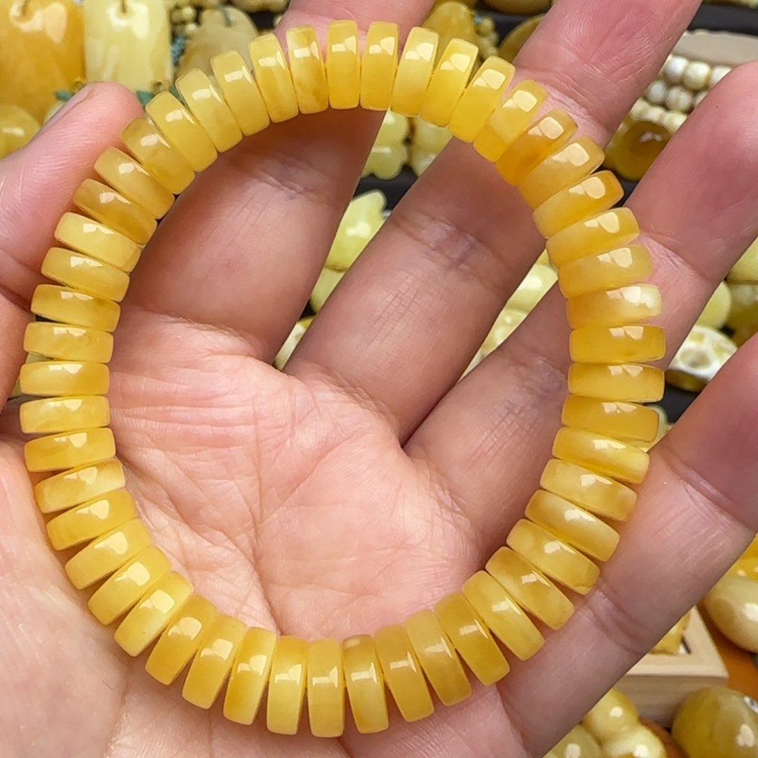 蜜蜡手链未镶嵌天然俄料鸡油黄蜜蜡药片手串
