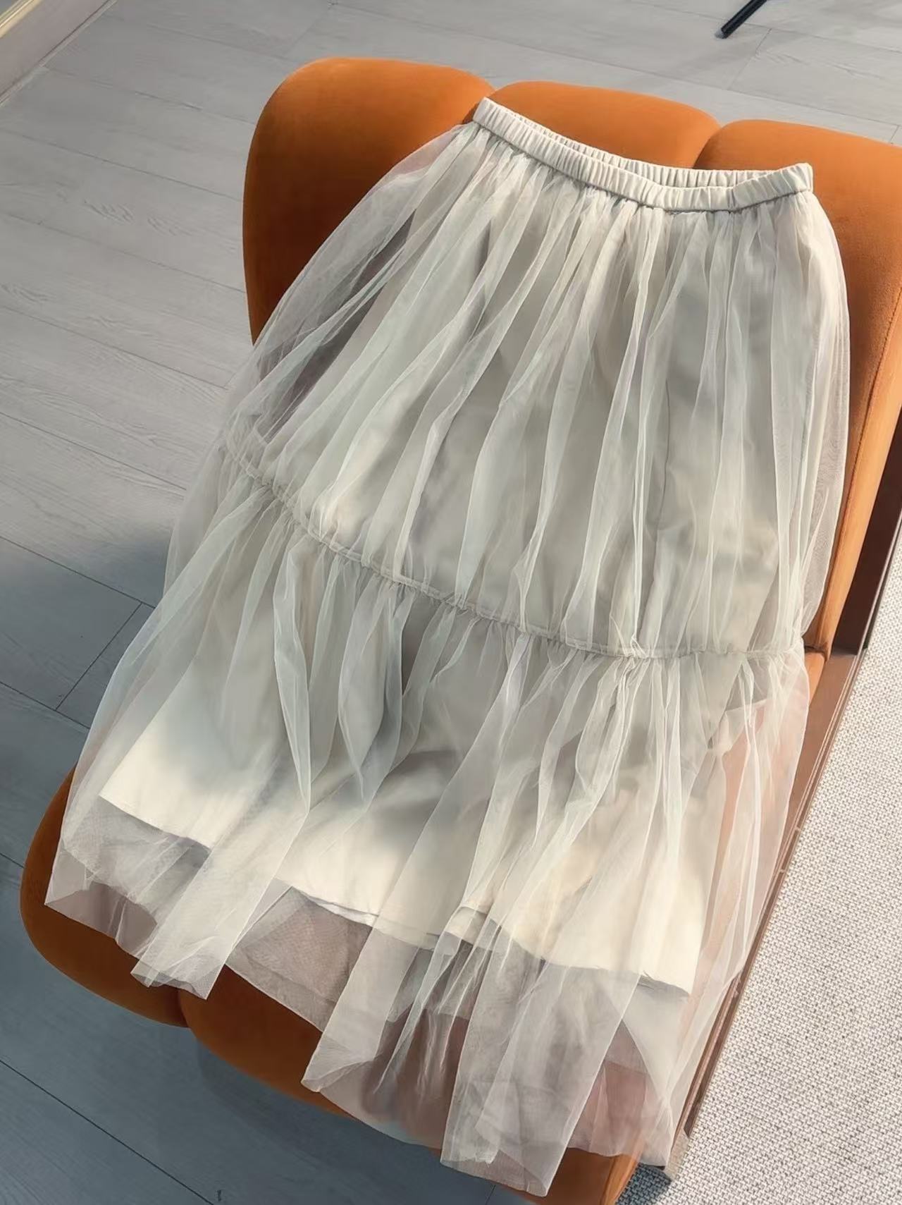 2025新款百搭松紧腰显瘦净色百搭法式高腰网纱半身裙25057白色