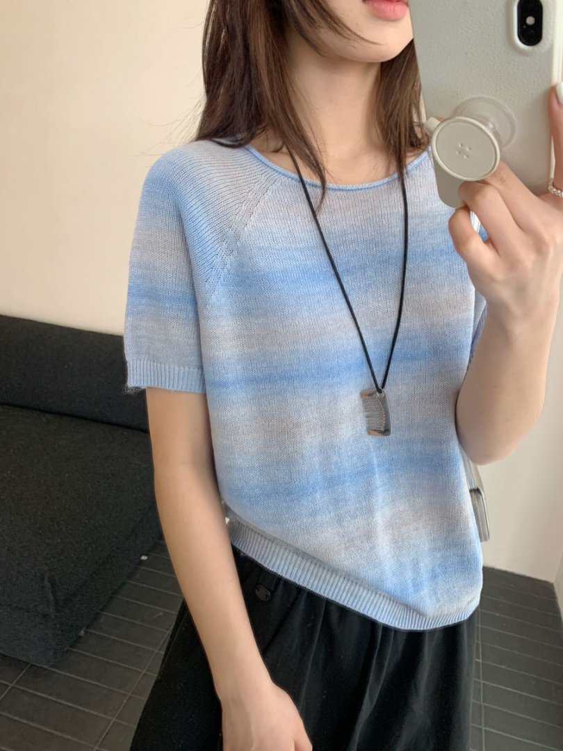 【素简.500139】春款上新进口和纸渐变半袖女装上新针织衫