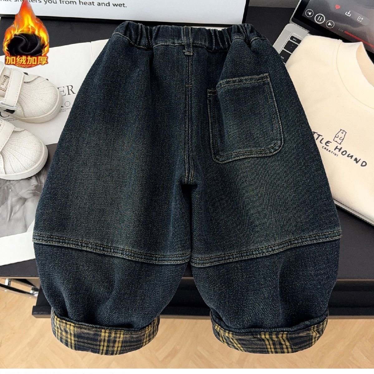 儿童加绒裤子秋冬款男童韩版一体绒牛仔裤宝宝洋气春秋裤子百搭潮