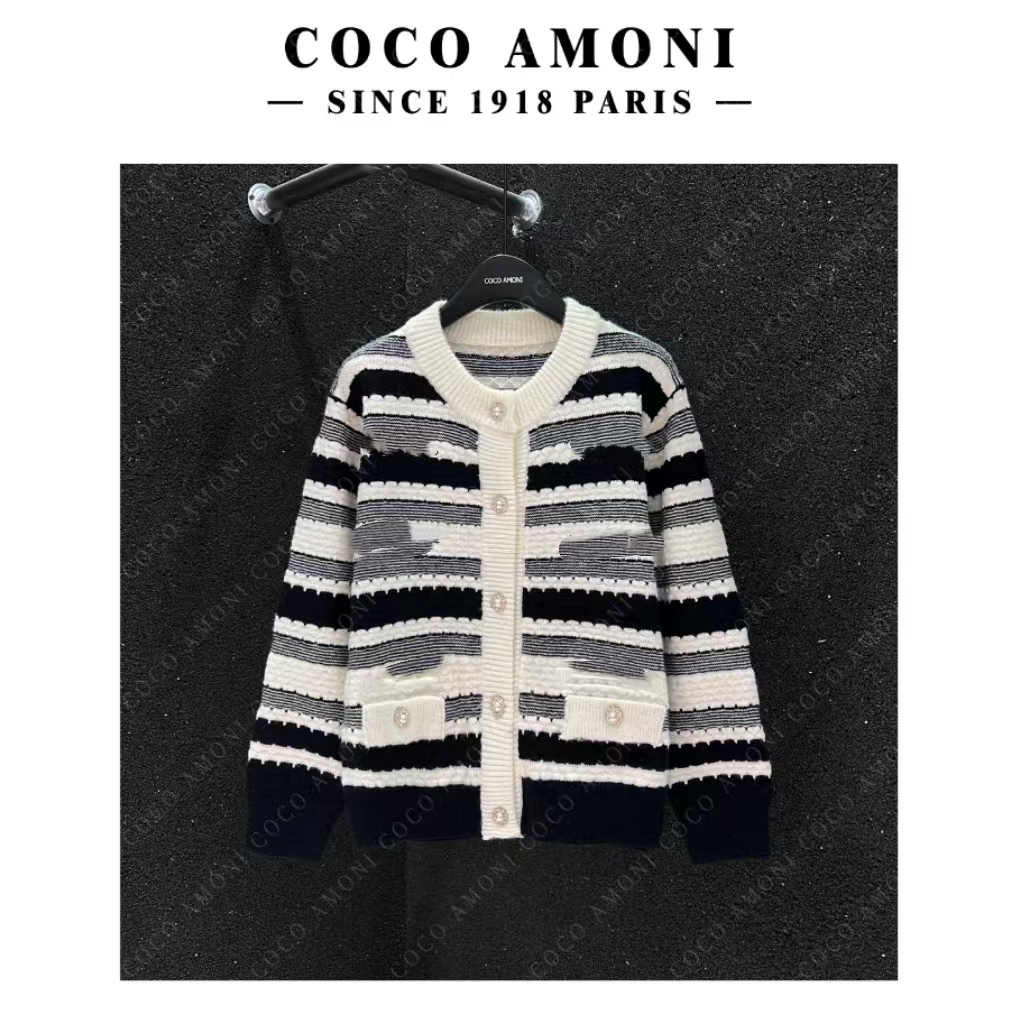 小香风字母刺绣撞色圆领开衫毛衣宽松洋气时尚气质针织衫女 DS272