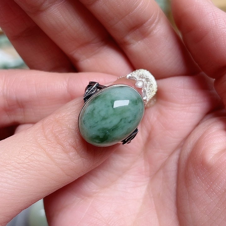 透闪石-蛇纹石玉戒指银S925镶嵌开*A