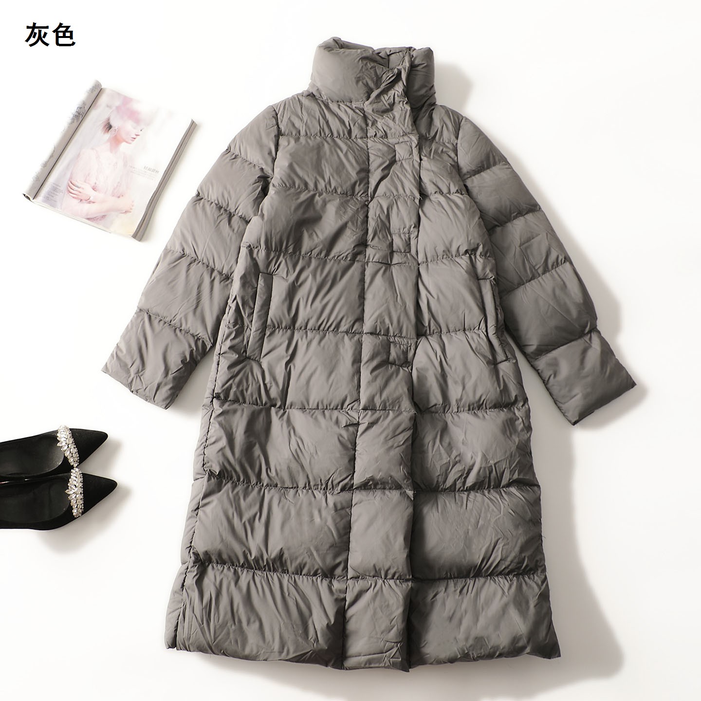 247487冬加长款长袖暗扣羽绒服中长款