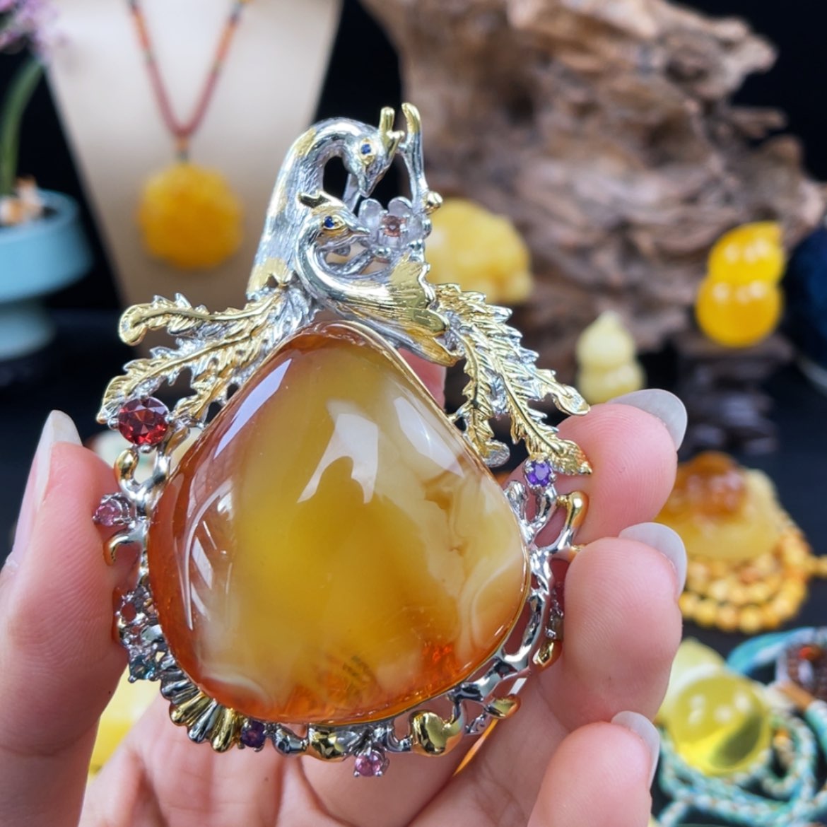 【闪购商品】琥珀珠宝奇石银S925镀金镶嵌