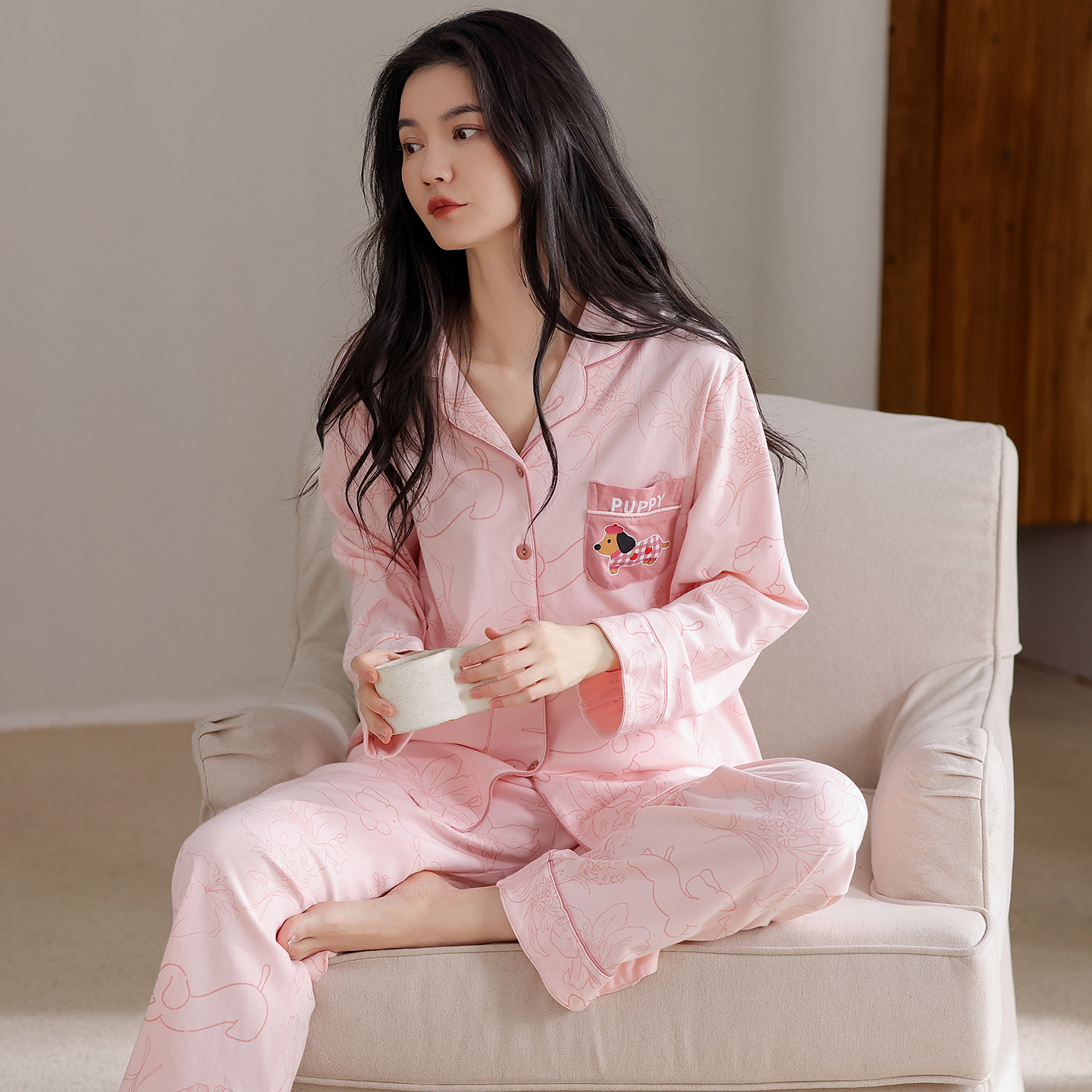 新款莉莉家女士60支加厚纯棉简约粉色狗开衫长袖睡衣家居服套装