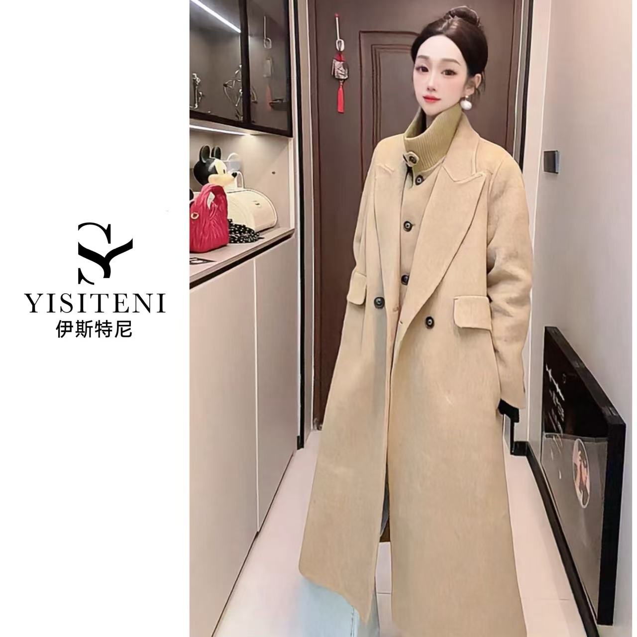【 YisiTeni韩版风】双面羊毛大衣女时尚气质简约长款毛呢外套T802