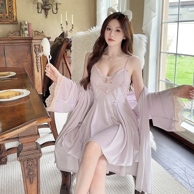 【80-150斤】Adult toys金丝绒秋冬季性感蕾丝纯欲风吊带睡袍套装