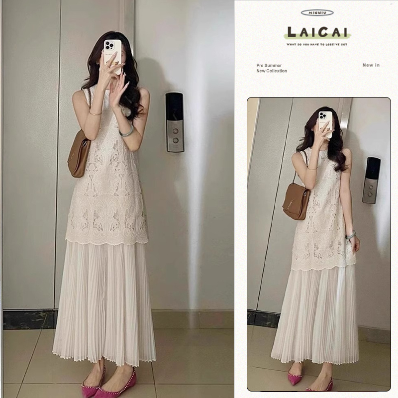 A306波禧风钩花显瘦裙子2025夏季复古时尚宽松遮肉镂空压褶连衣裙