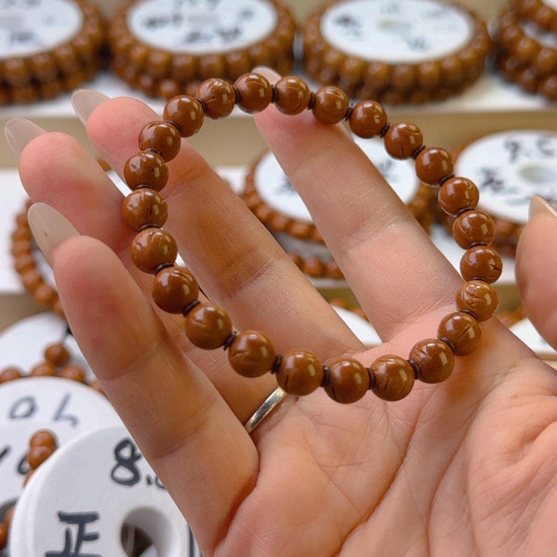 桃核手串娊*龙纹正圆光珠桃核