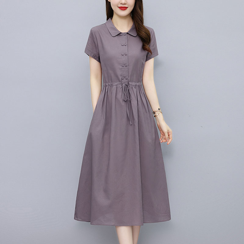 H高级棉麻连衣裙女中长款2025夏季新款气质纯色收腰显瘦裙子681