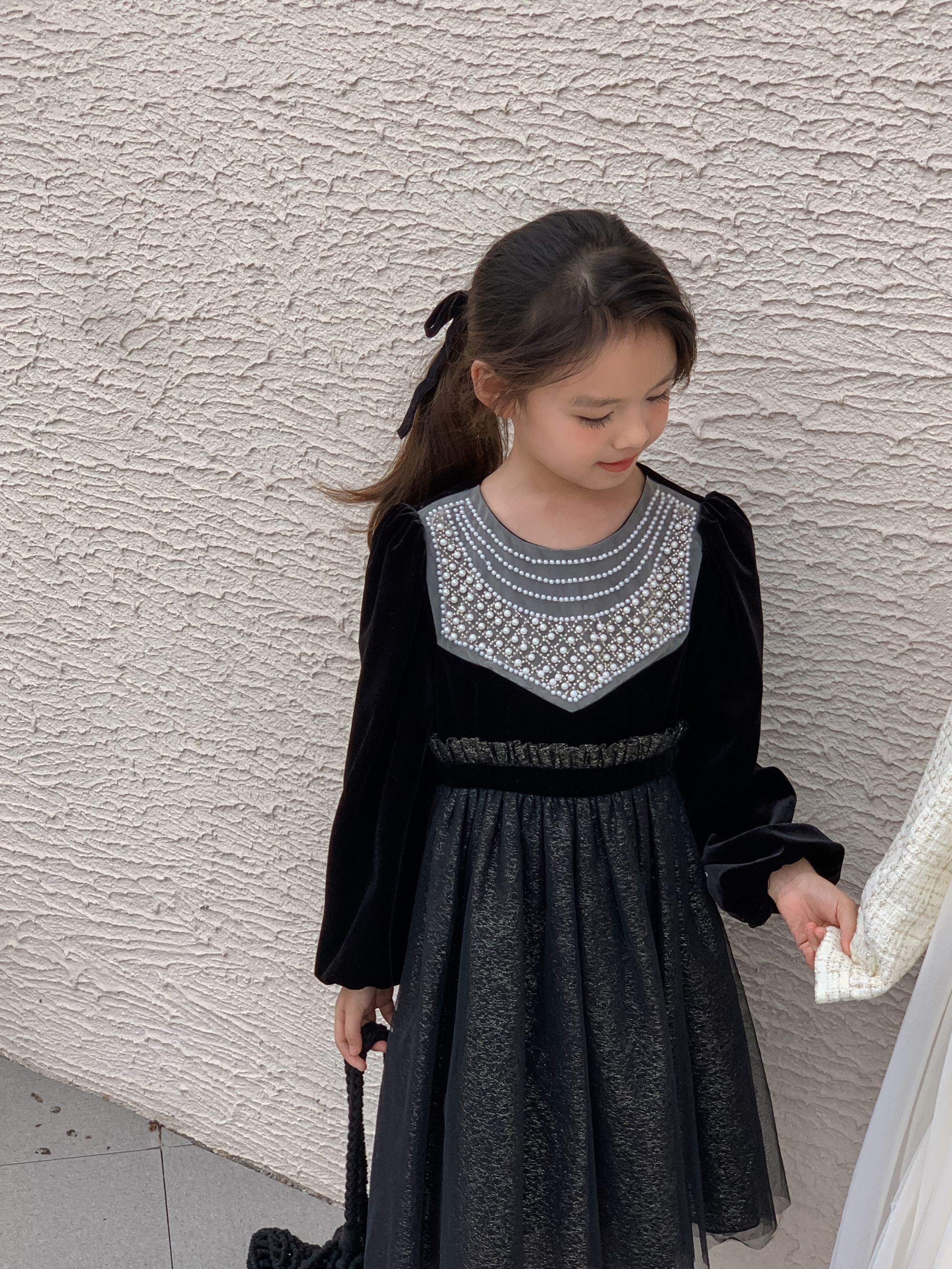 赫本风高级重工钉珠网纱拼接丝绒礼服裙