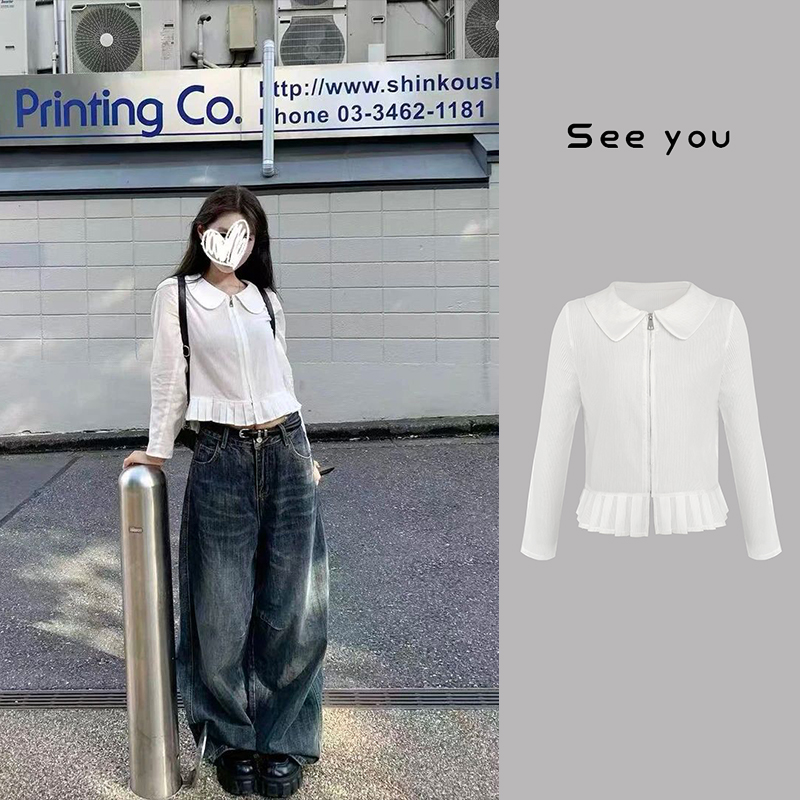 时尚新款压褶设计收腰拉链衬衣细条纹娃娃领百搭白色衬衫A1551