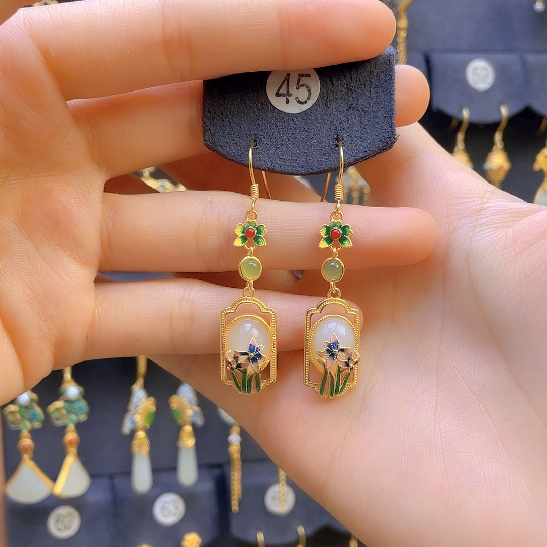 和田玉耳饰银S925镀金镶嵌