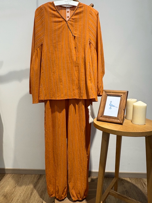 252-035朵朵可可女士秋冬宽松斜襟梭织条纹简约睡衣家居服套装