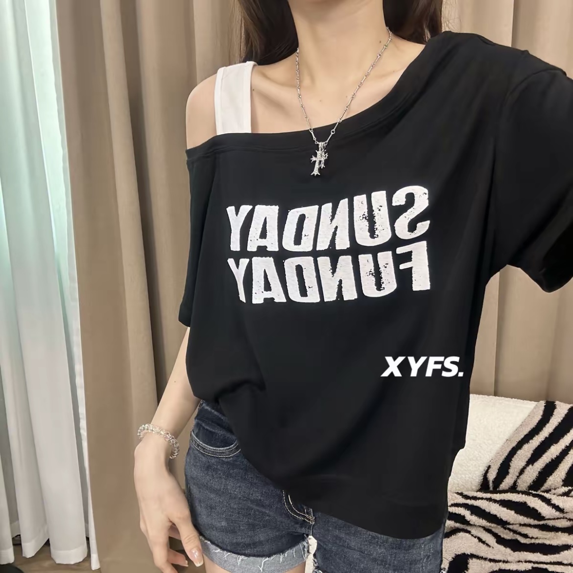 2025夏季斜肩吊带撞色字母休闲印花短袖T桖时尚宽松显瘦百搭韩版
