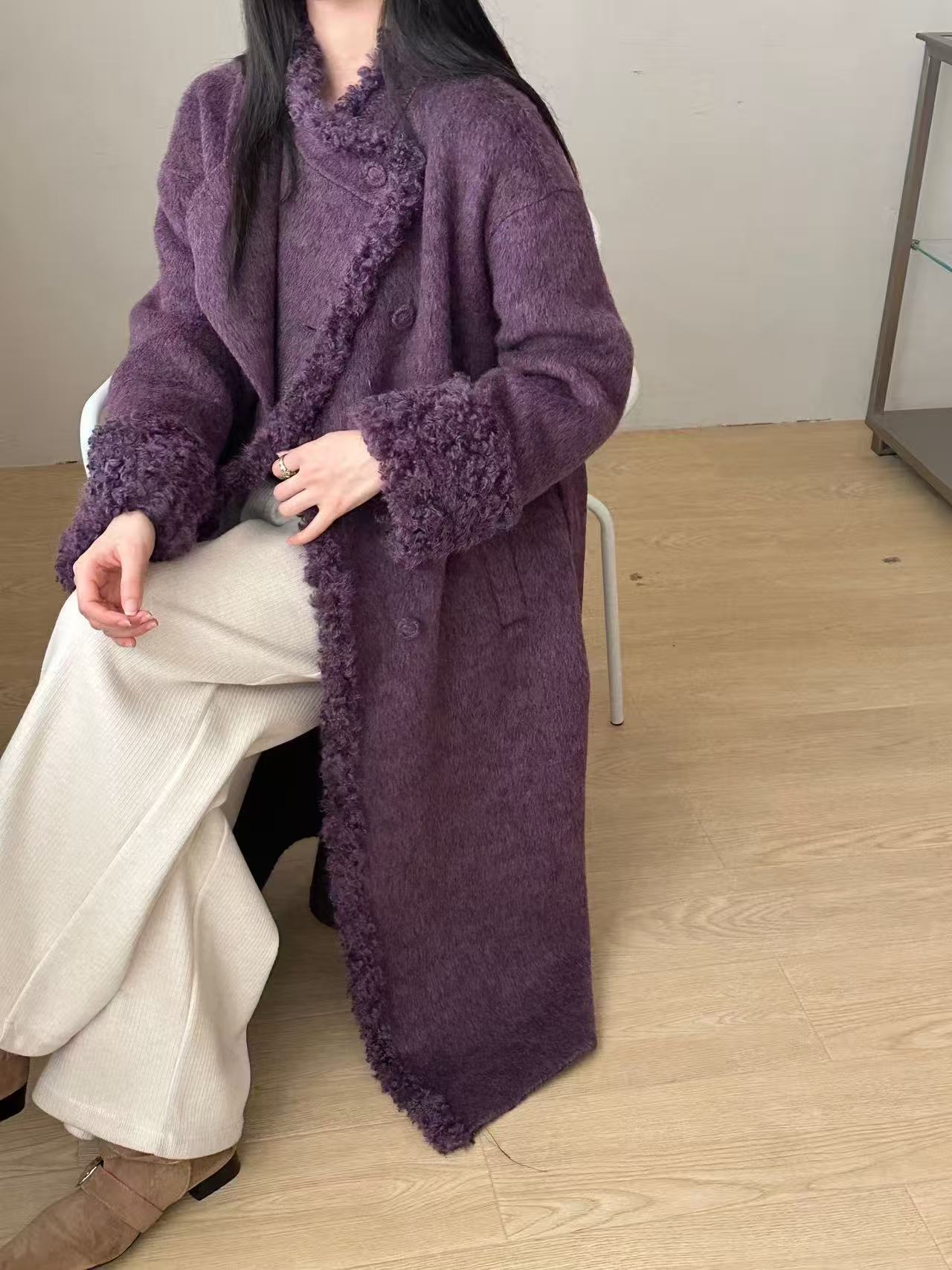 苏力绒冬季女长款拼接立领保暖毛呢外套休闲加厚宽松气质