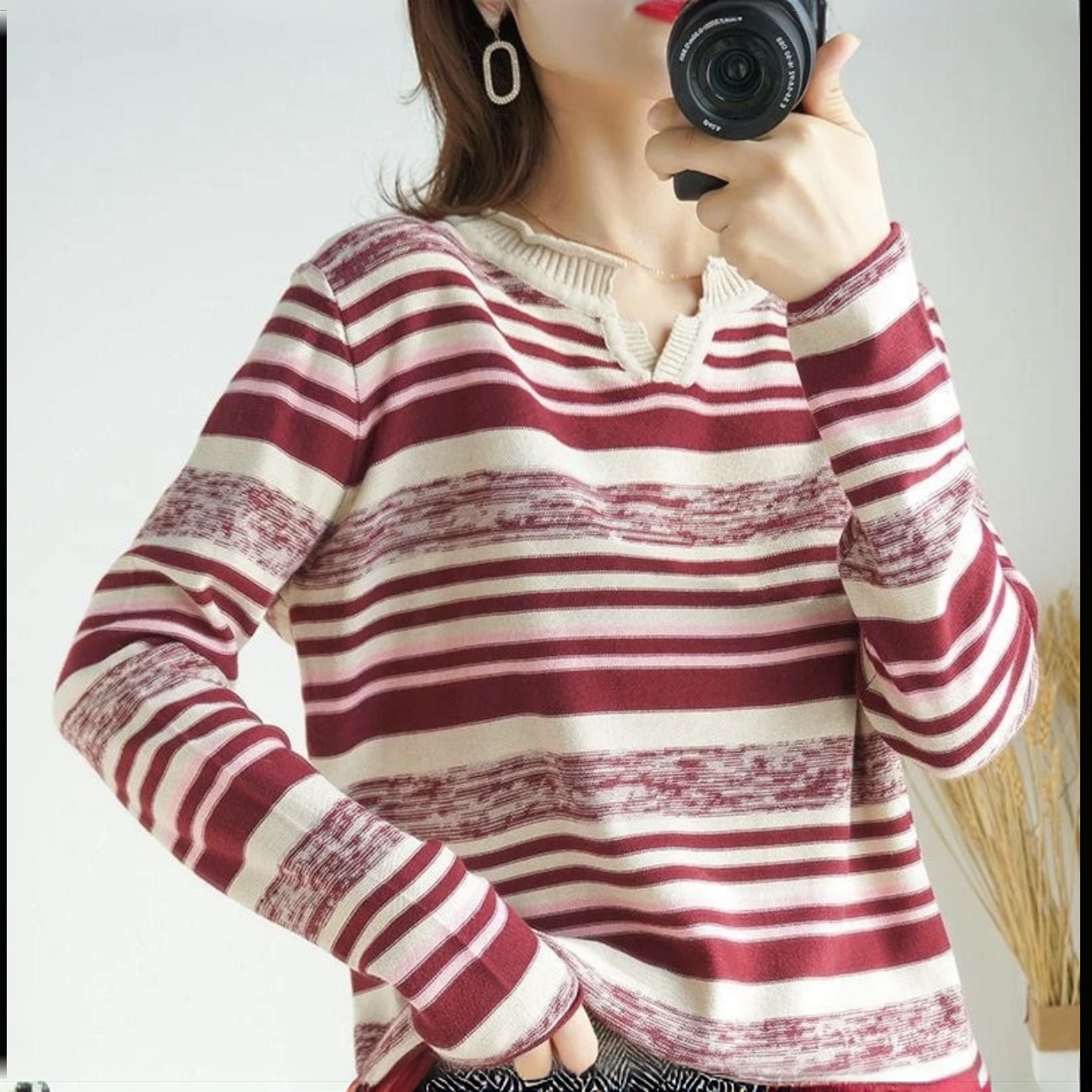 时尚女秋冬慵懒风长袖冬季宽松型毛针织衫套头宽松韩版百搭条纹