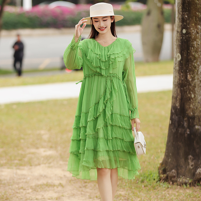 拜占庭的森林真丝裙时尚百搭纯色显瘦气质优雅拼接桑蚕丝连衣裙女