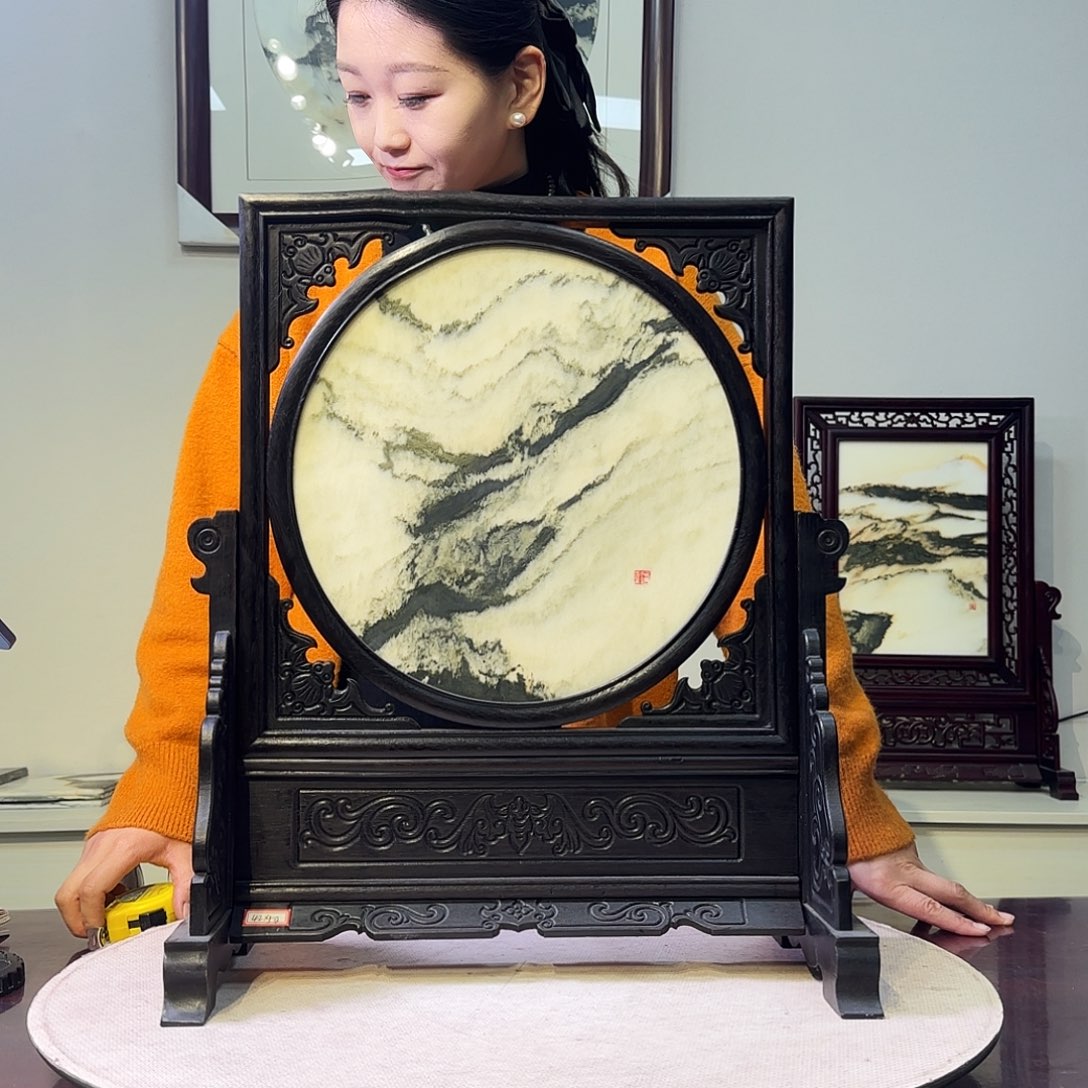 石材42×49天然大理石画屏风摆件