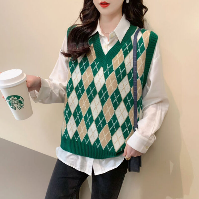 【绿色菱格-马甲】宽松显瘦遮肉显白款针织衫