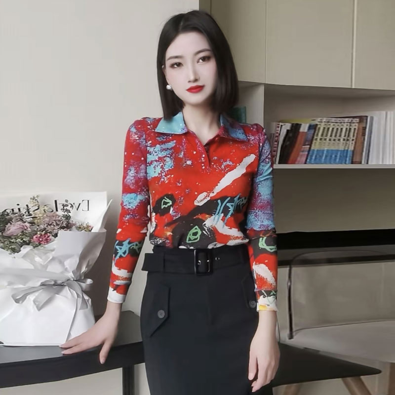 【商场同款】春秋季百搭修身显瘦翻领油画印染网纱长袖衬衫1300886