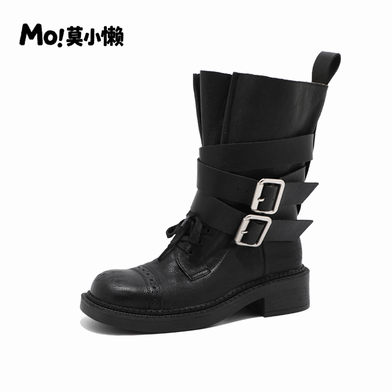 【MO莫小懒】腿精担当！增高4cm皮带扣方圆头真皮褶皱中筒骑士靴