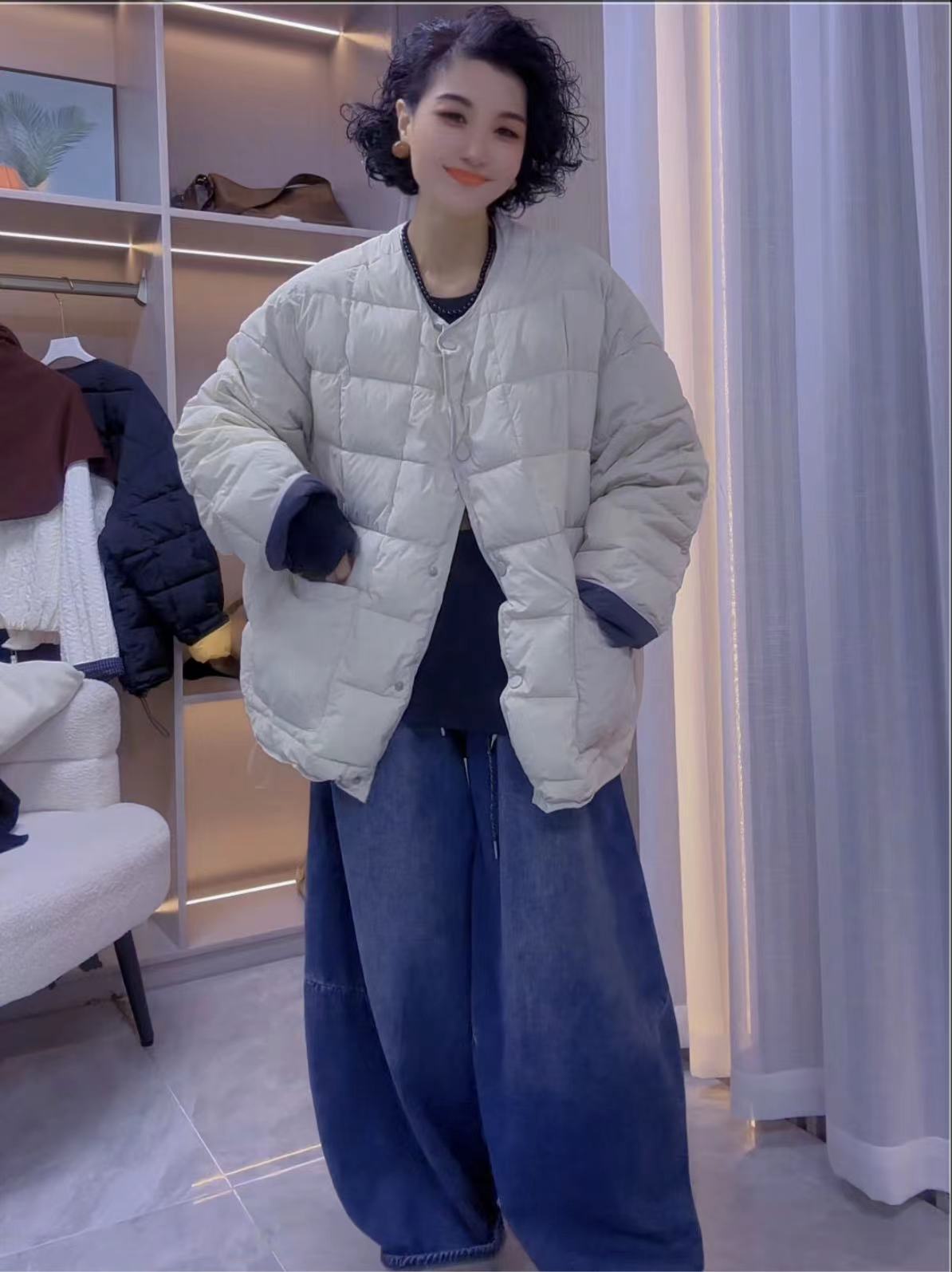 欧货冬季新款宽松大板圆领厚款慵懒风保暖棉服外套