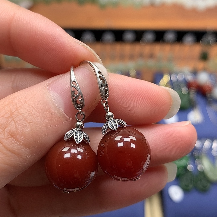 玛瑙/玉髓银S925镶嵌耳环14左右