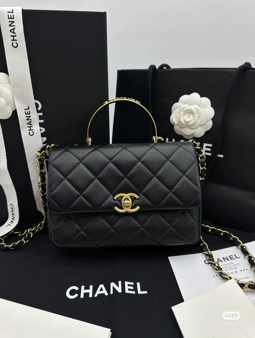 95新 Chanel/香奈儿 艾瑟尔奢品/24c黑金钻石手柄cf单肩包/jh54