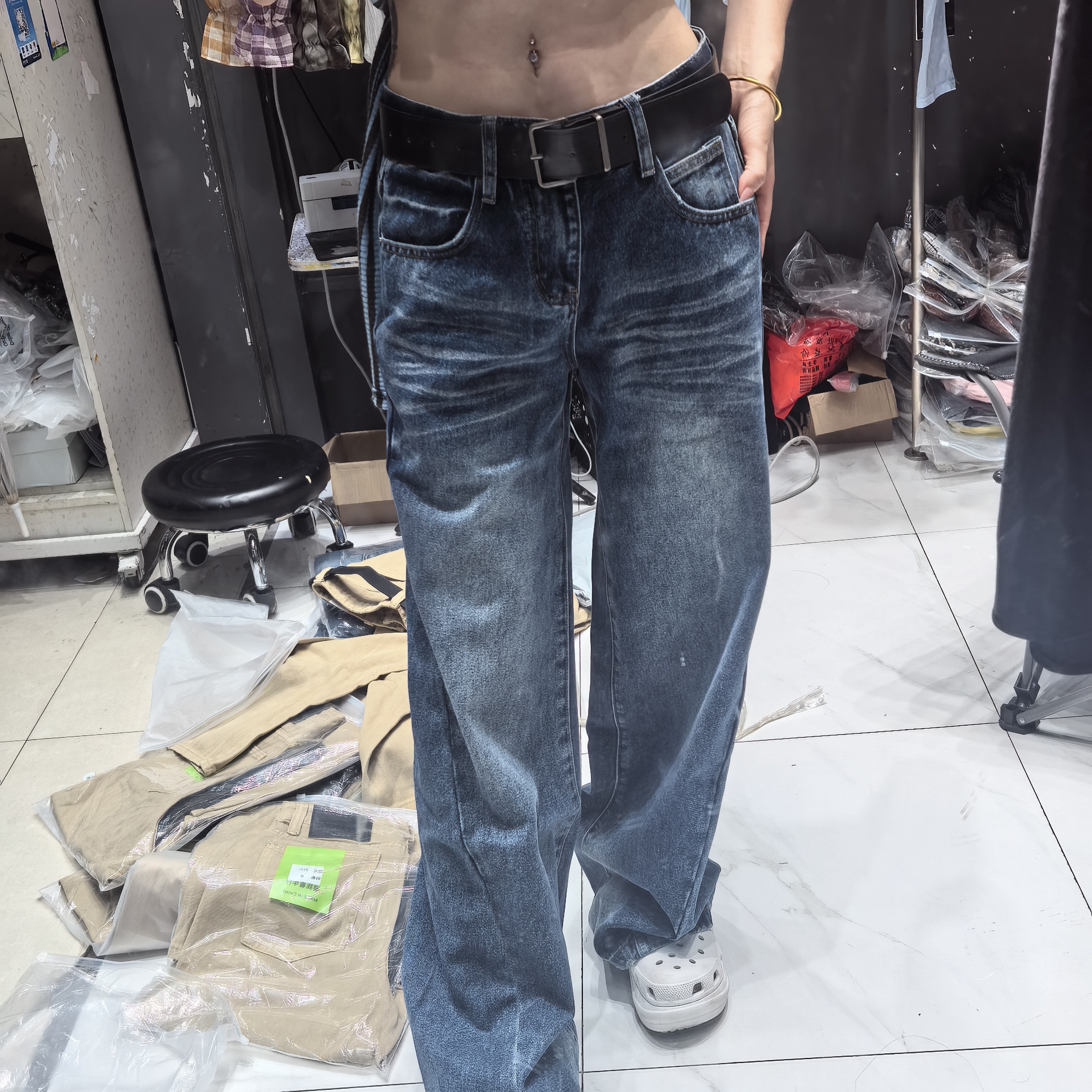 （發發家）秋冬新款美式辣妹高腰显瘦直筒阔腿牛仔裤女