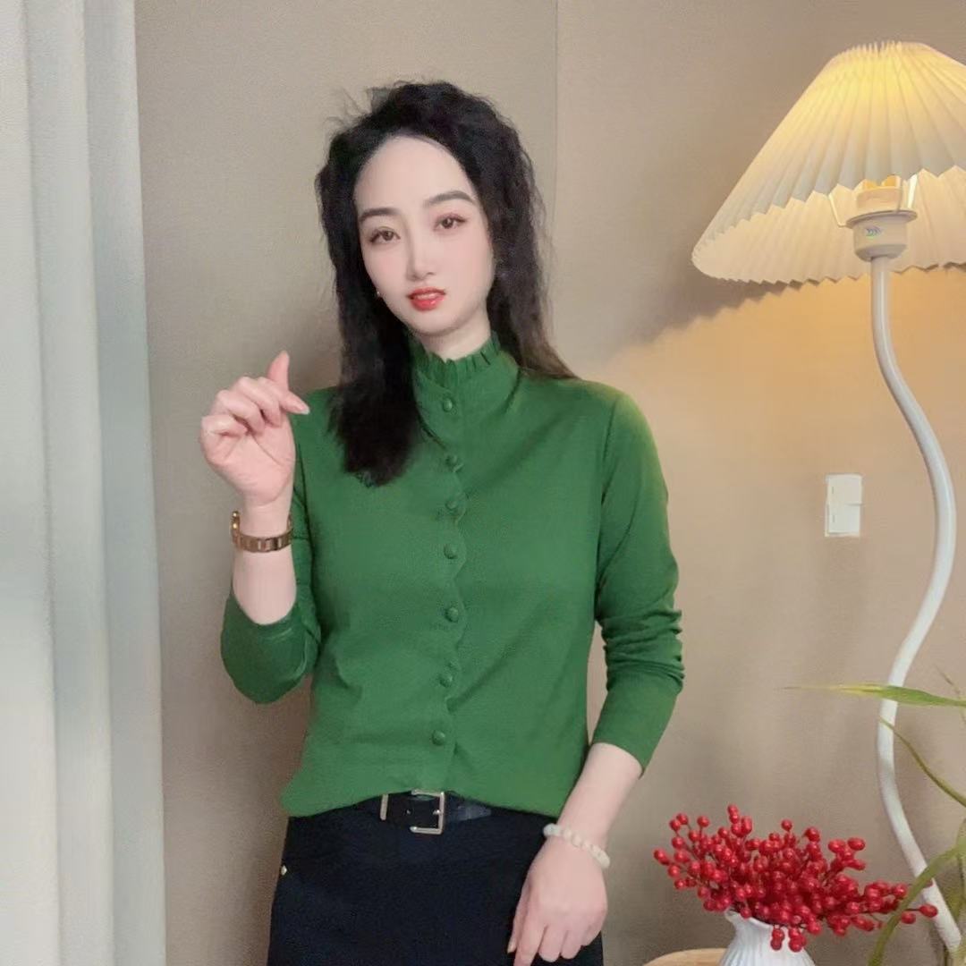 2025春季新款时尚洋气木耳领长袖上衣显瘦百搭减龄气质女士棉T恤