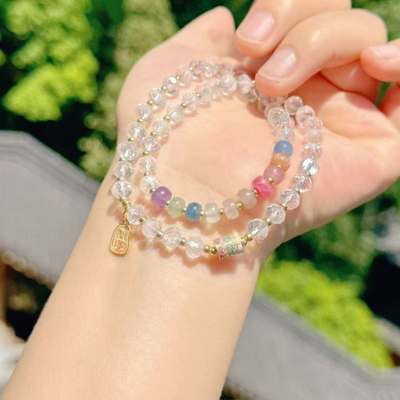 【多宝彩虹】古法蓝彩虹通五条jing中式双圈手串3343