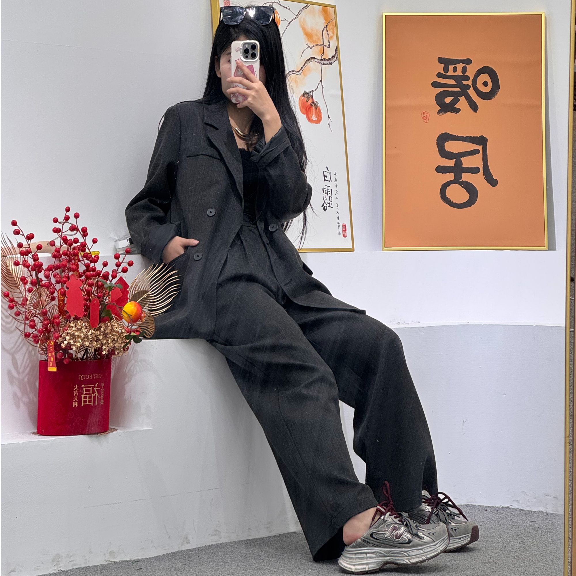 黑色飘带设计感不对称拼接西装外套2025春季新款气质西服套装裤子