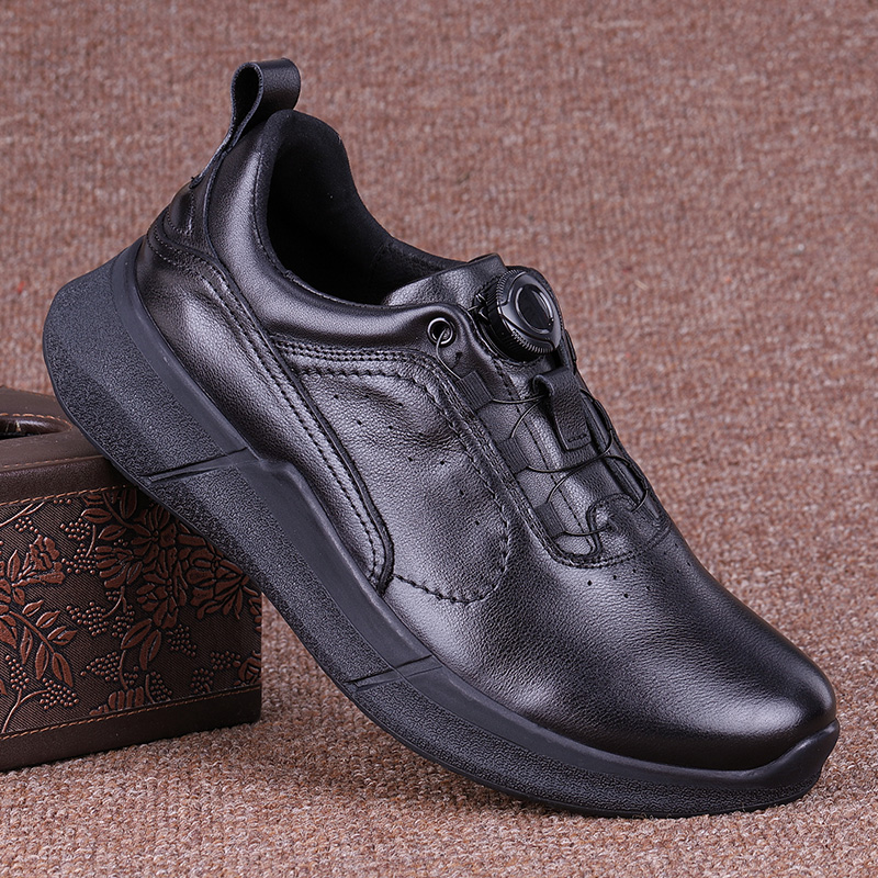 潮牌真皮男鞋春秋新款全牛皮休闲皮鞋透气软底旋转纽扣运动跑步鞋